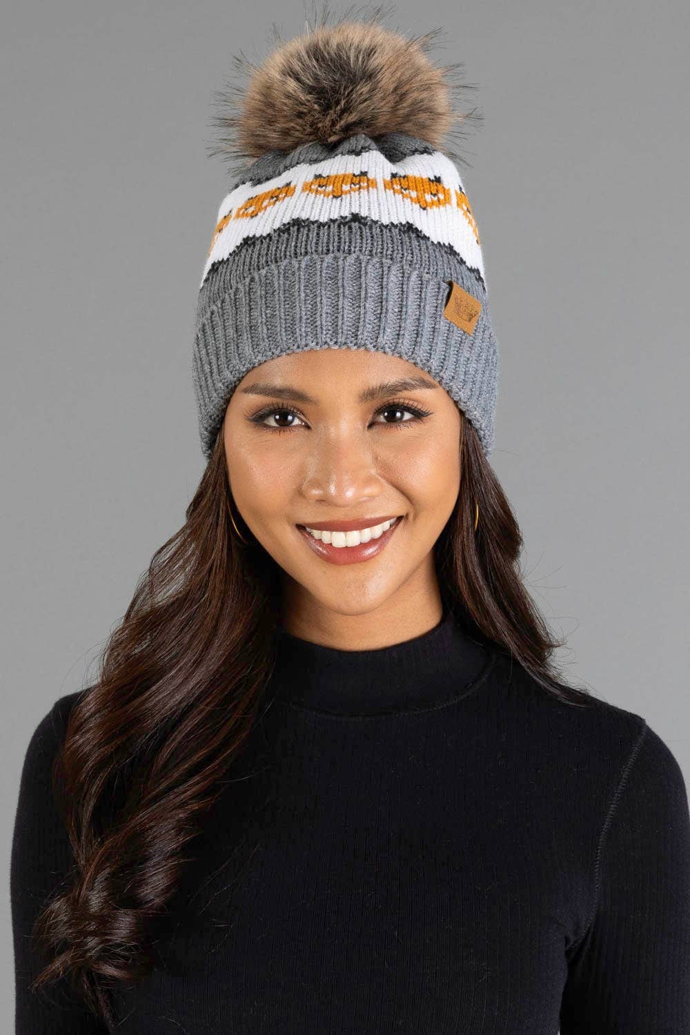 Gray with Orange Fox Pattern Knit Pom Hat