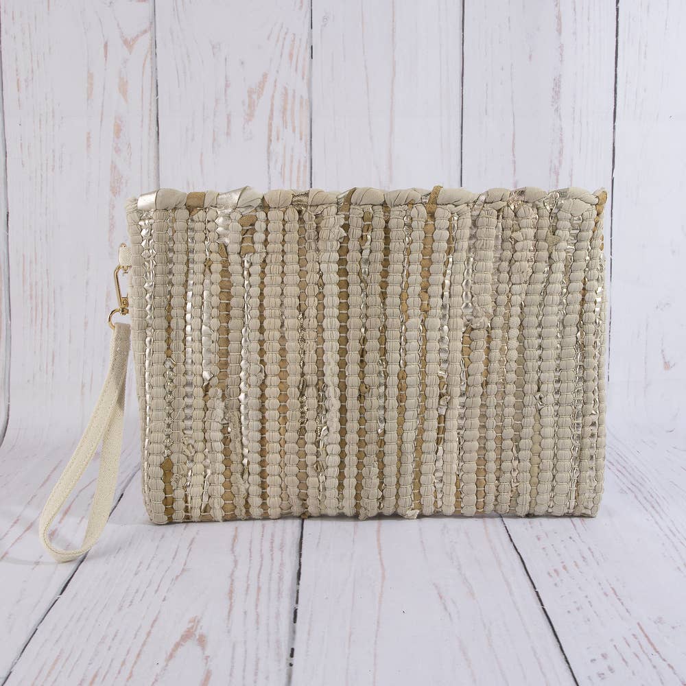 Woven Metallic Stripe Wristlet Clutch Bag