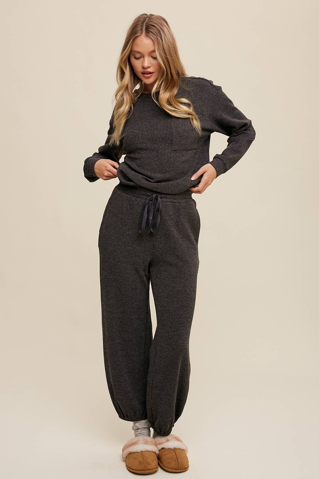 Waffle Knit Long Sleeve Lounge Set