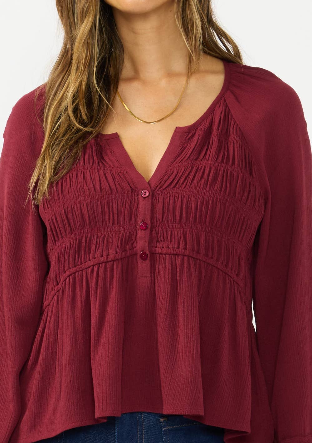 Maroon Bells Smocked Ruffle Hem Top