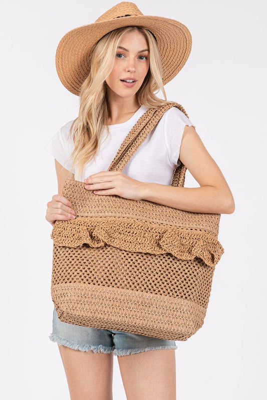 Ruffle Detail Crochet Straw Tote Bag