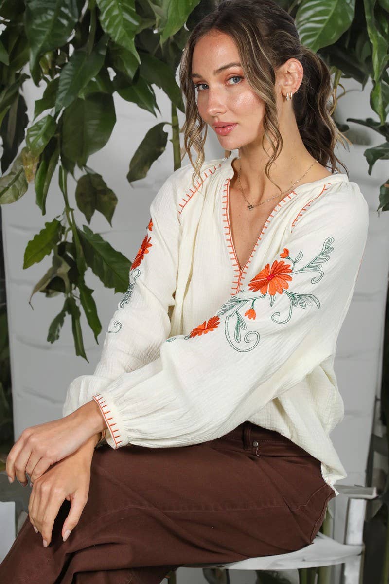 Floral Embroidered Gauze Blouse