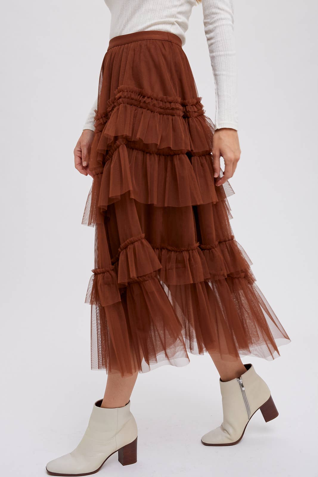 Tiered Ruffled Tulle Midi Skirt