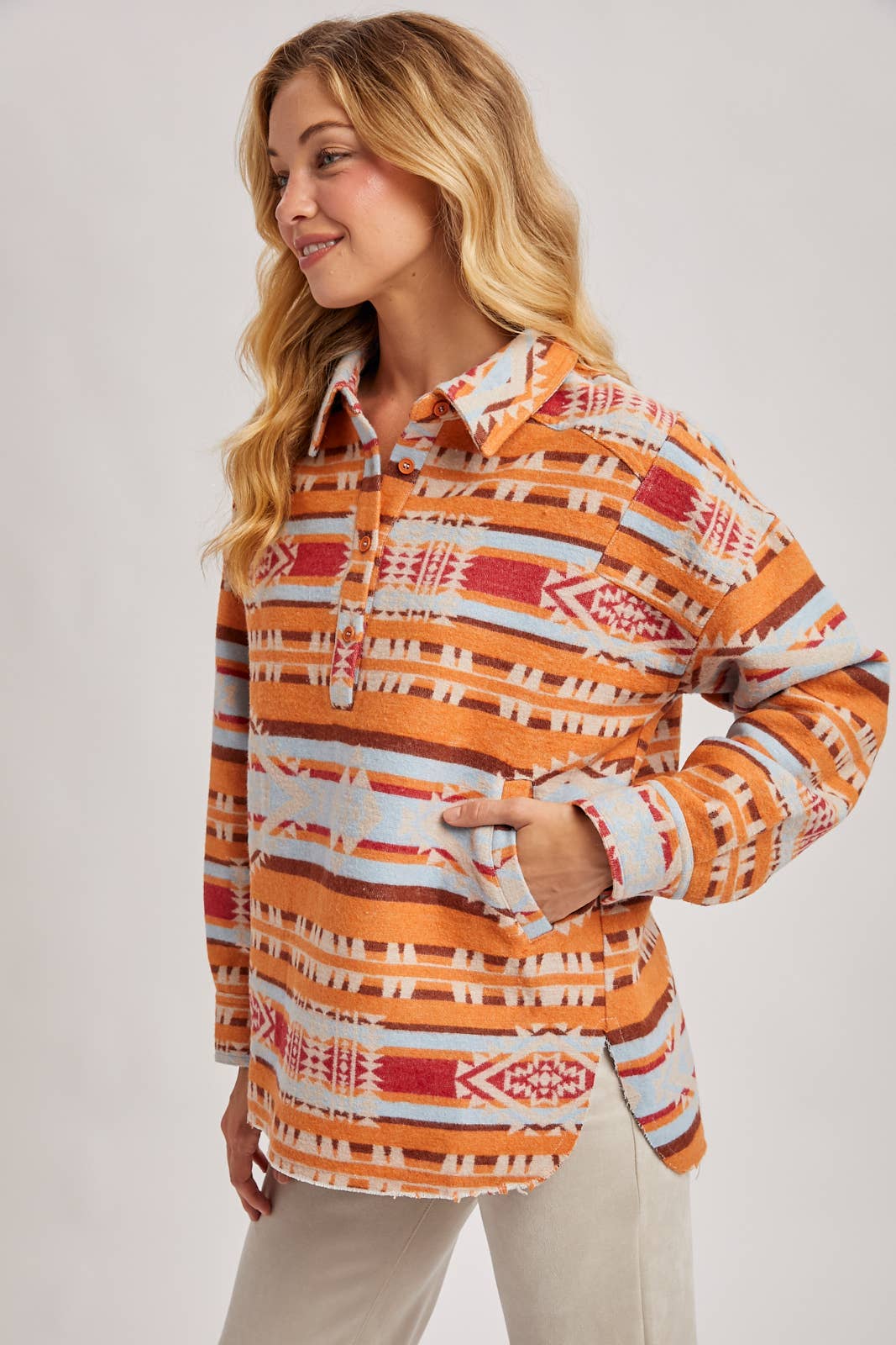 WESTERN GEOMETRIC PRINT HALF-BUTTON DOWN SHACKET PULLOVER