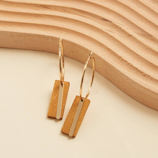 Wooden Bar Gold Hoop Earrings