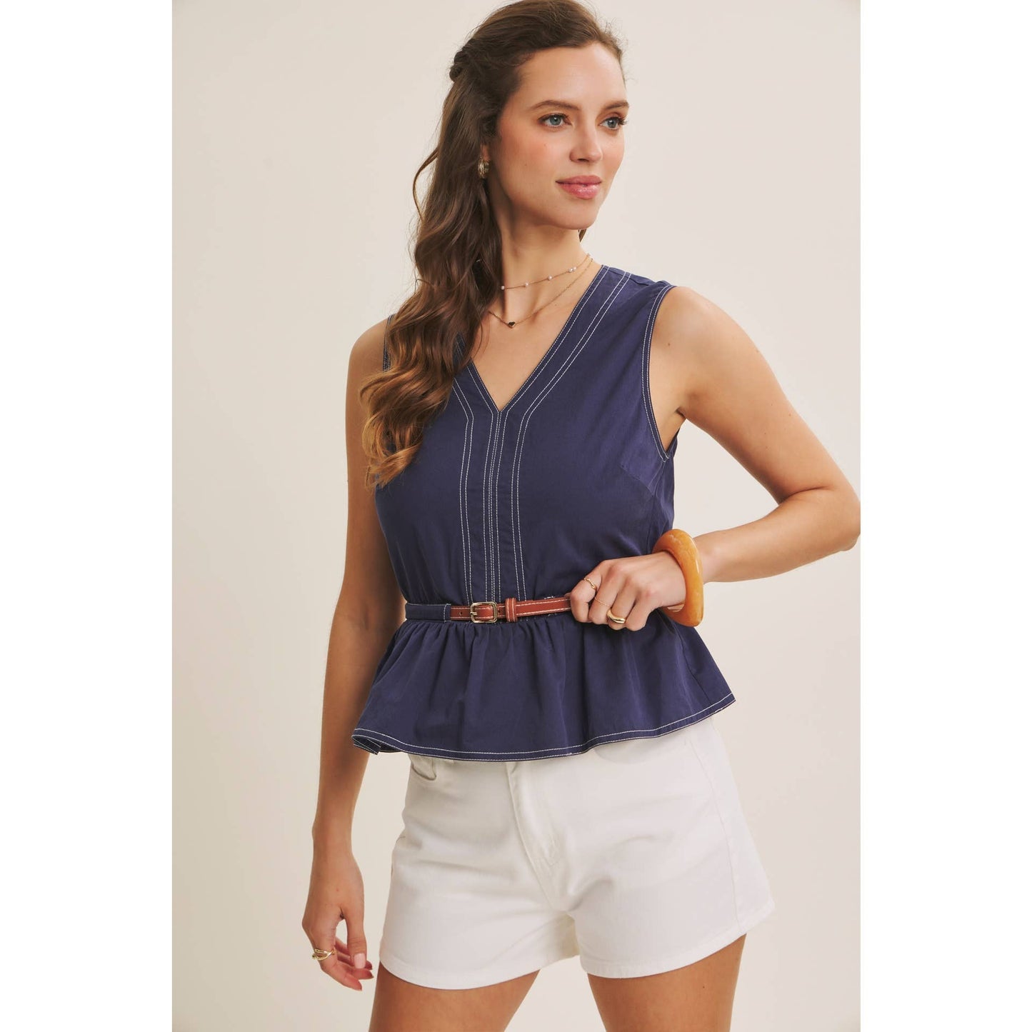 Belted Cotton Top with Contrast Stitching