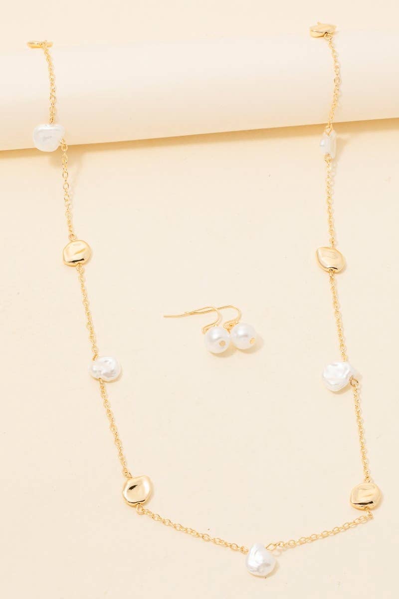 Pearl And Metallic Station Charms Chain Long Necklace Set