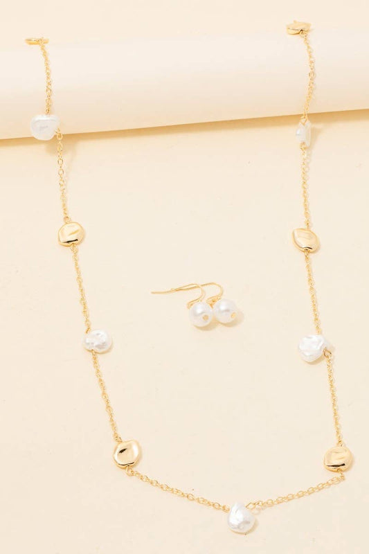 Pearl And Metallic Station Charms Chain Long Necklace Set