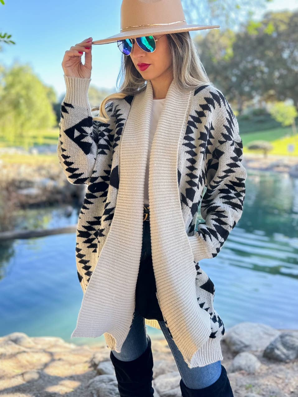 Beige Aztec Cardigan with Pockets