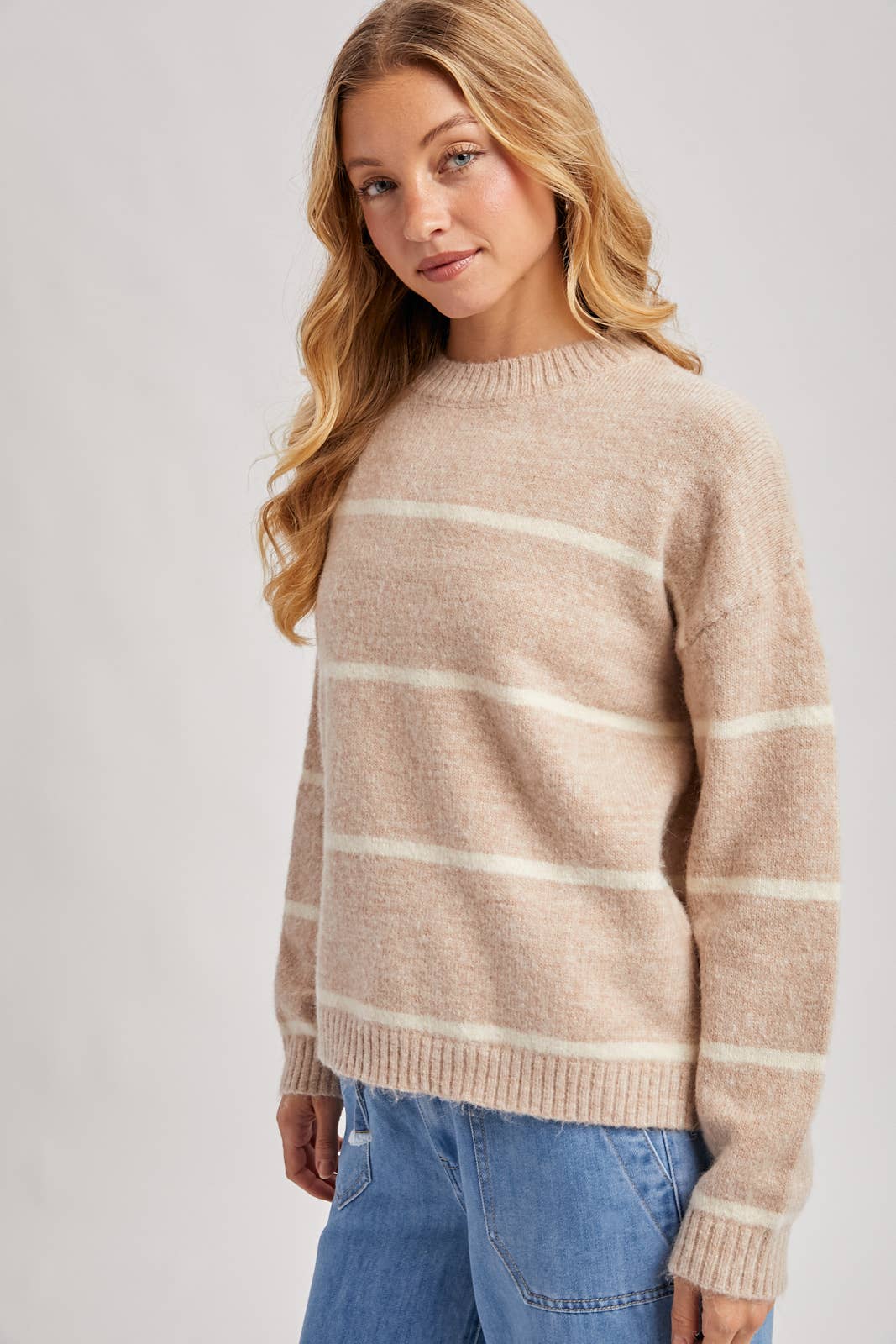 STRIPED FUZZY KNIT SWEATER