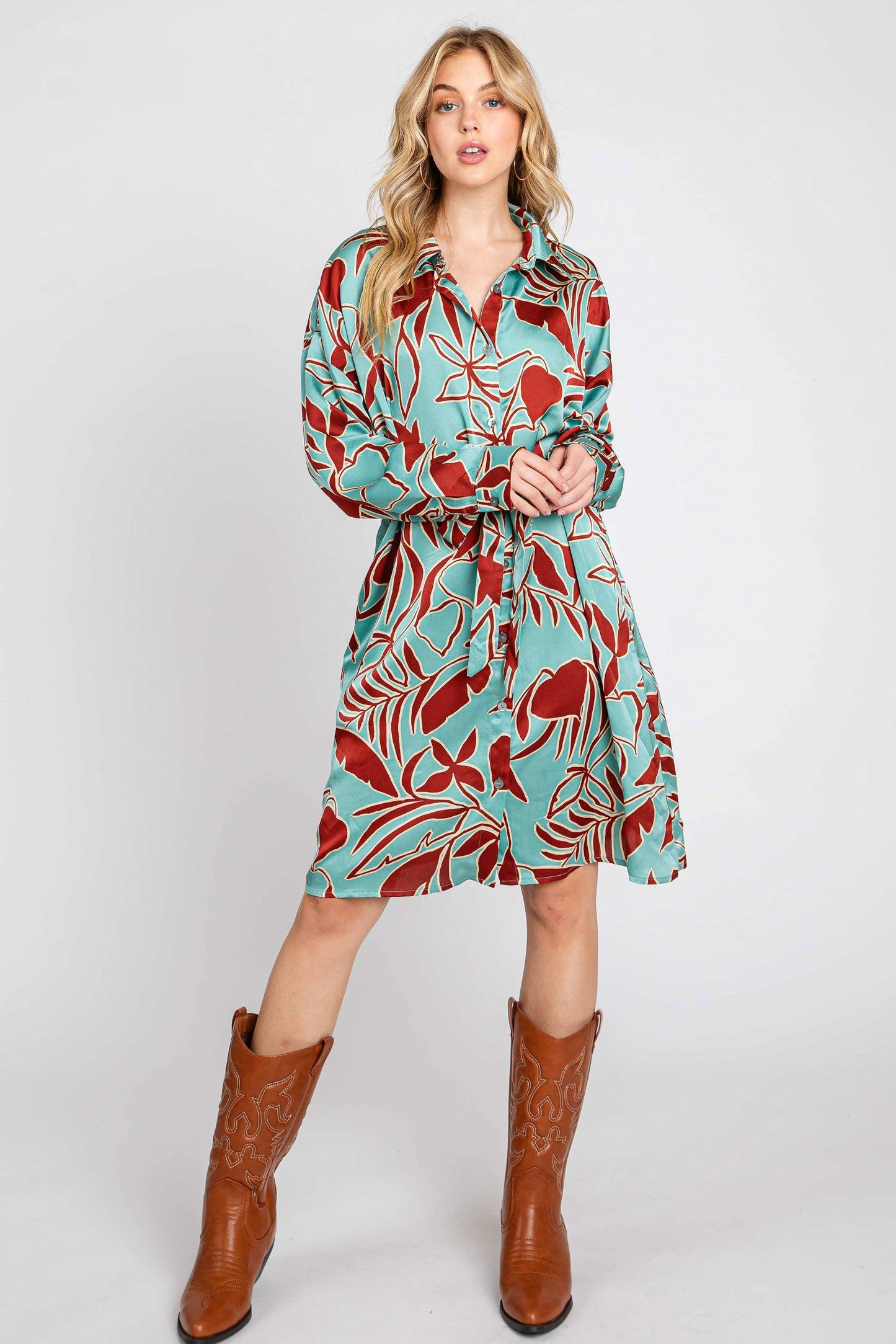 Printed Satin Shirt Dress