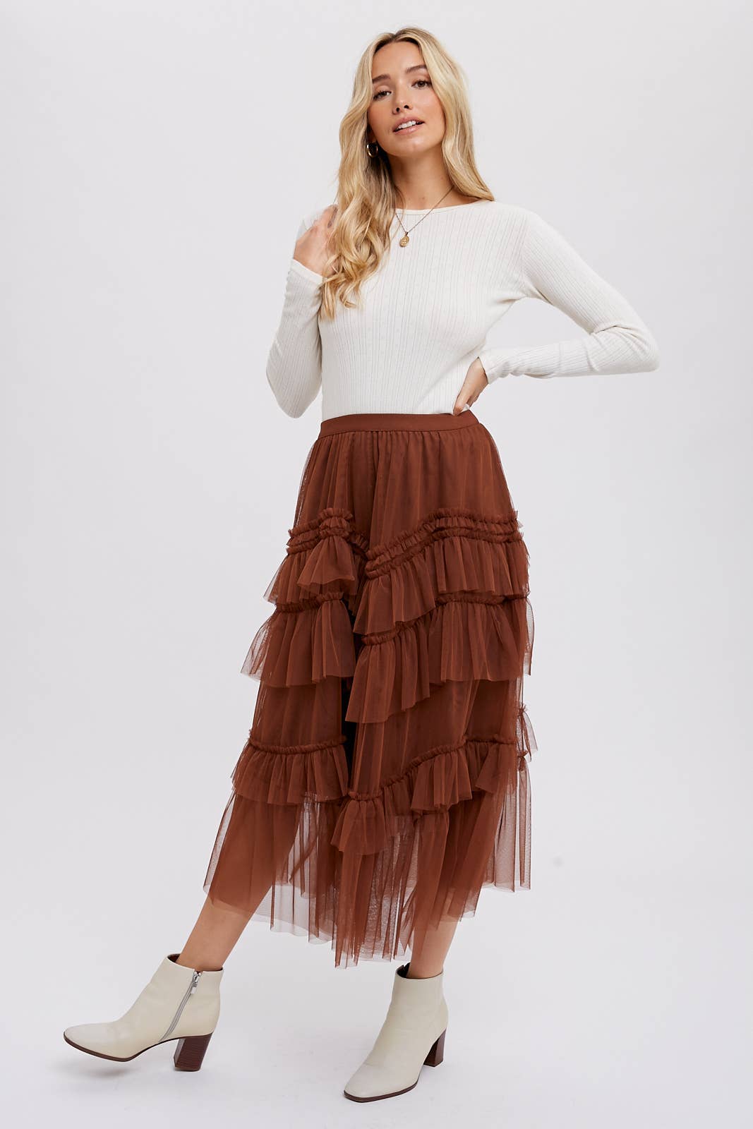 Tiered Ruffled Tulle Midi Skirt