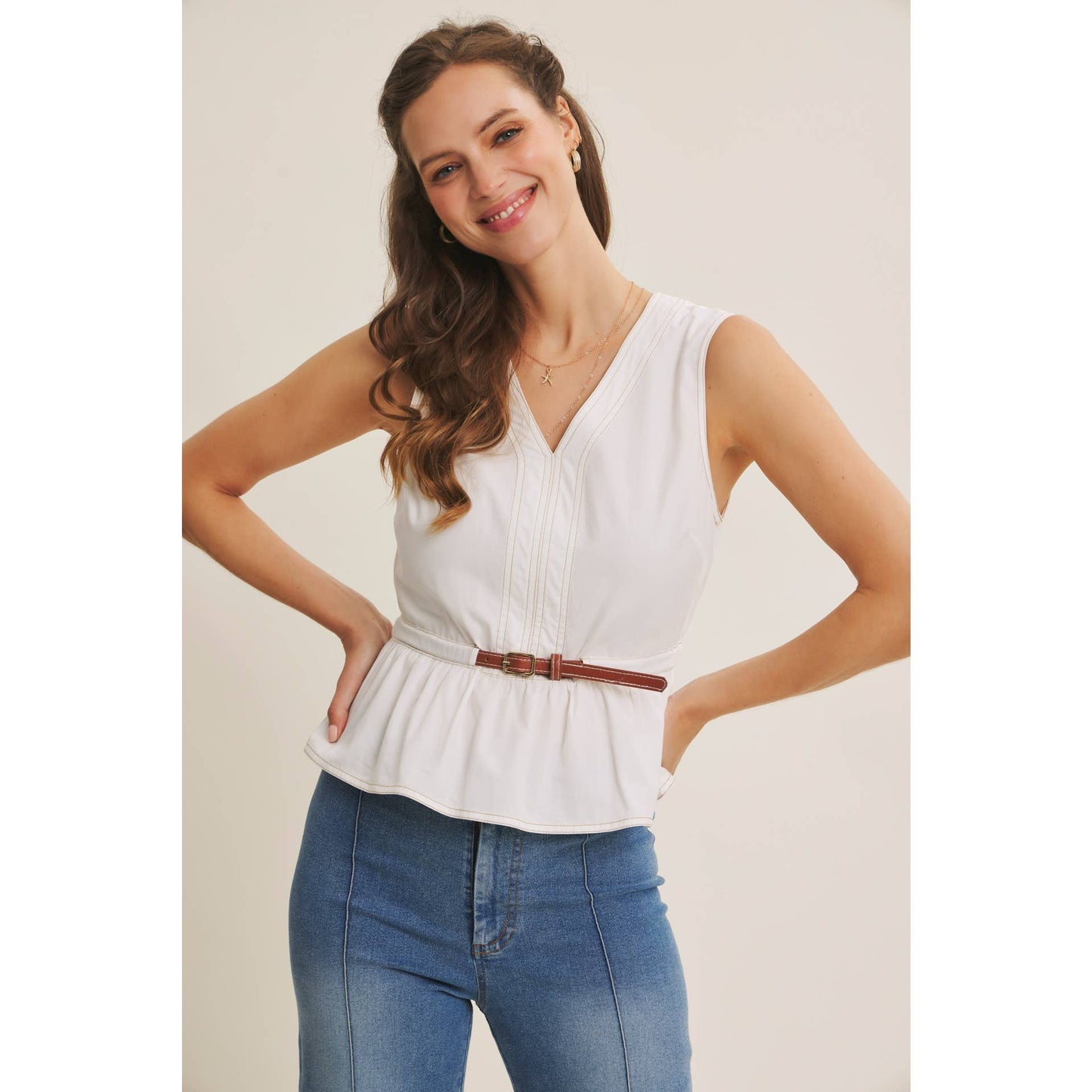 Belted Cotton Top with Contrast Stitching