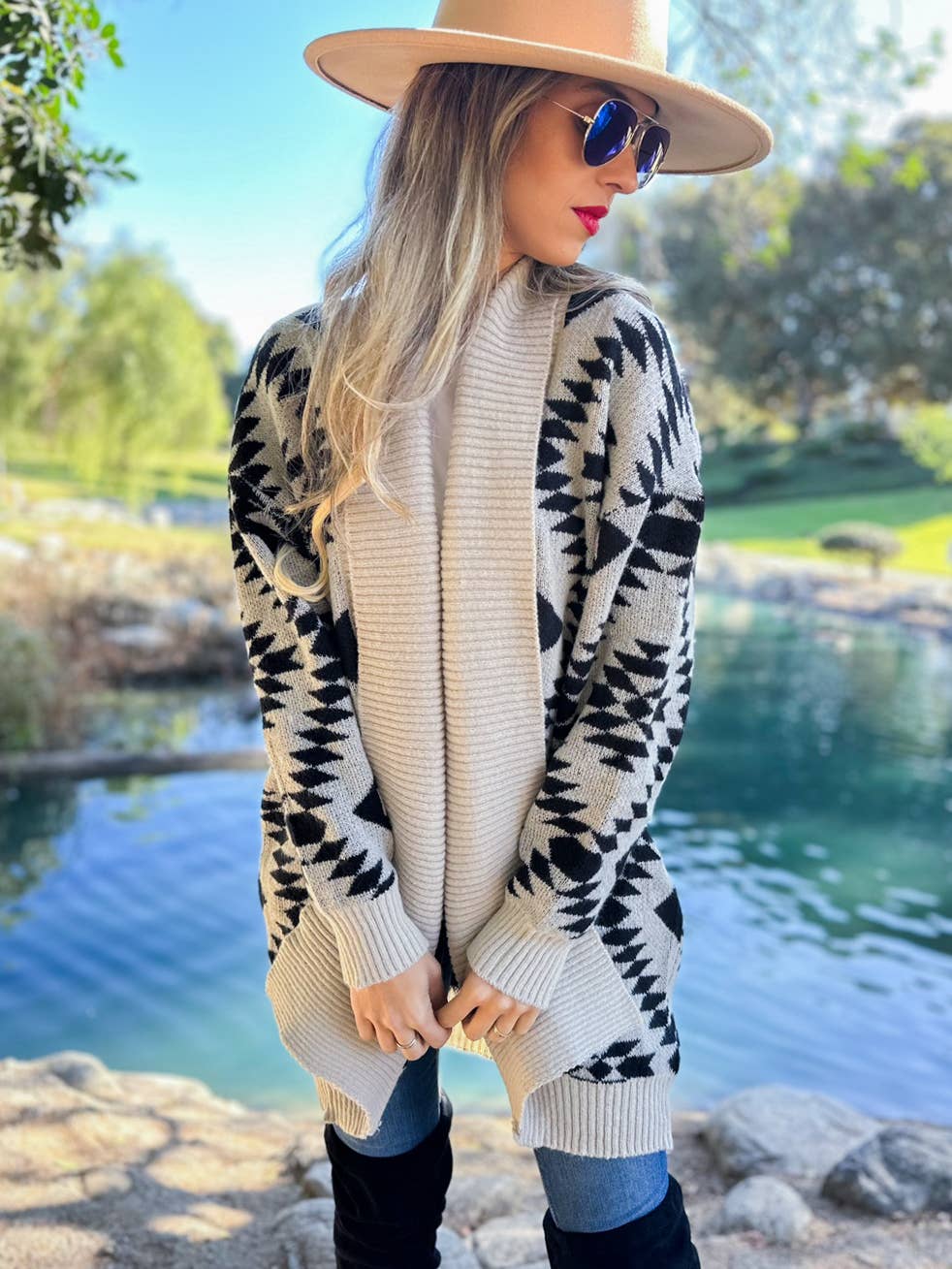 Beige Aztec Cardigan with Pockets