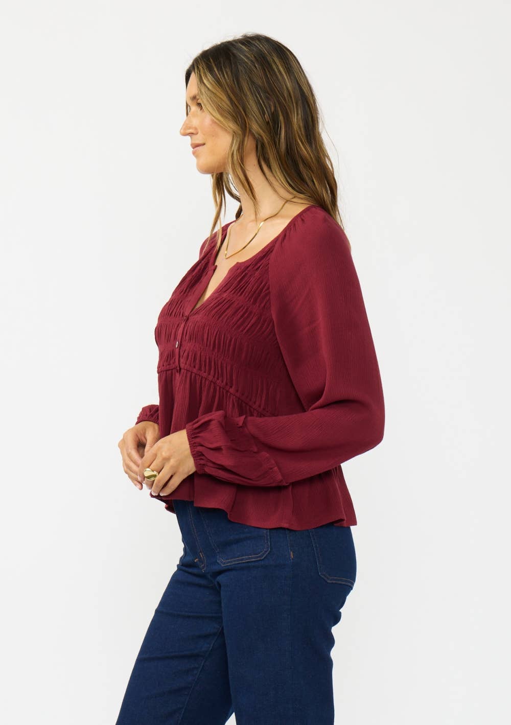 Maroon Bells Smocked Ruffle Hem Top