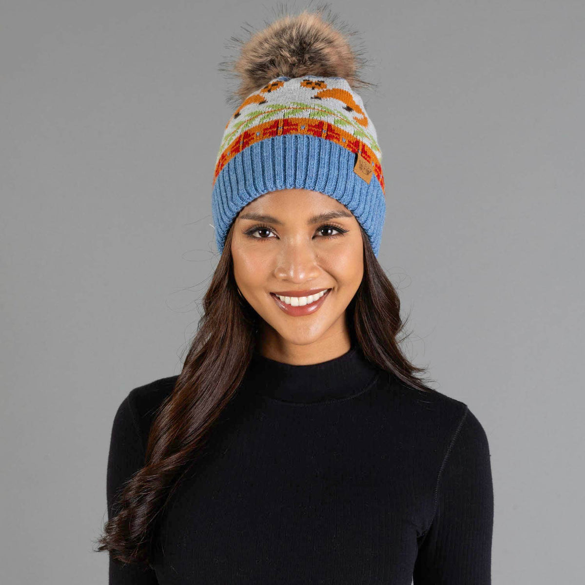 Blue Fox Pattern Knit Pom Hat