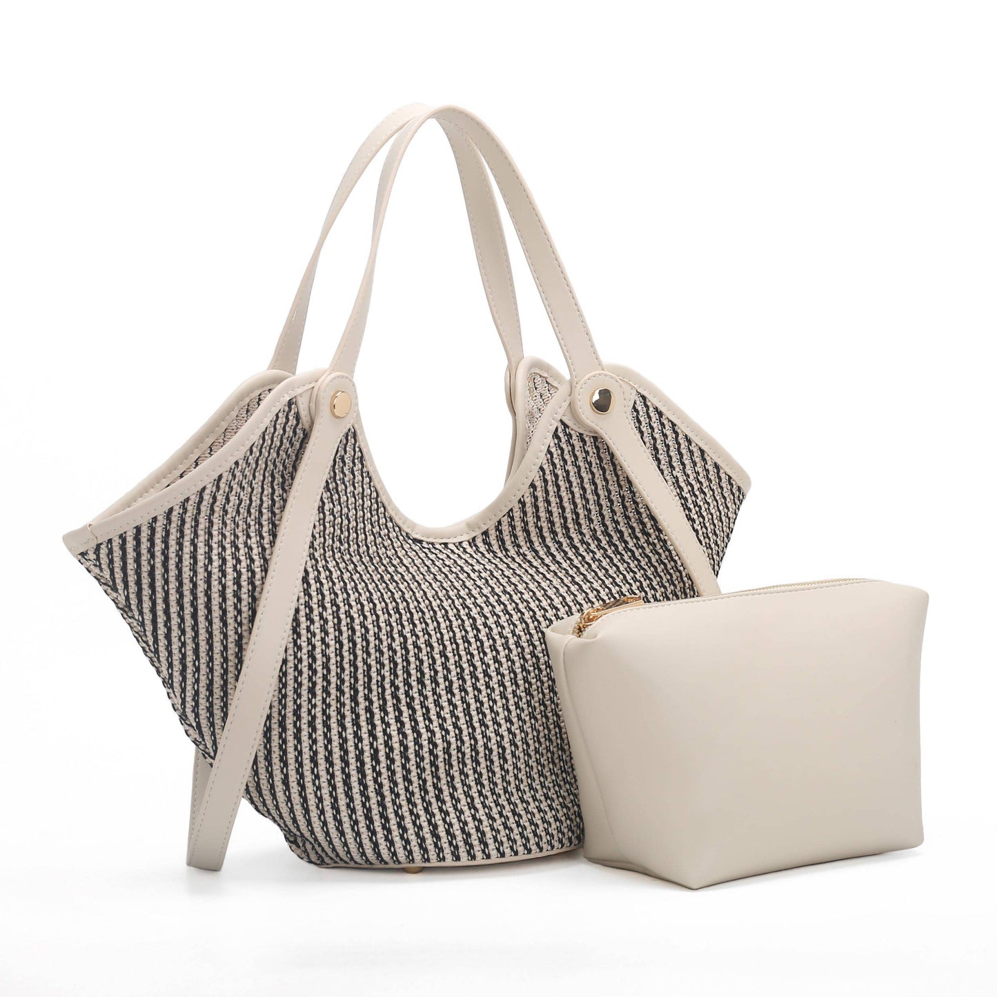Stripe Straw Tote Bag With Pouch Set