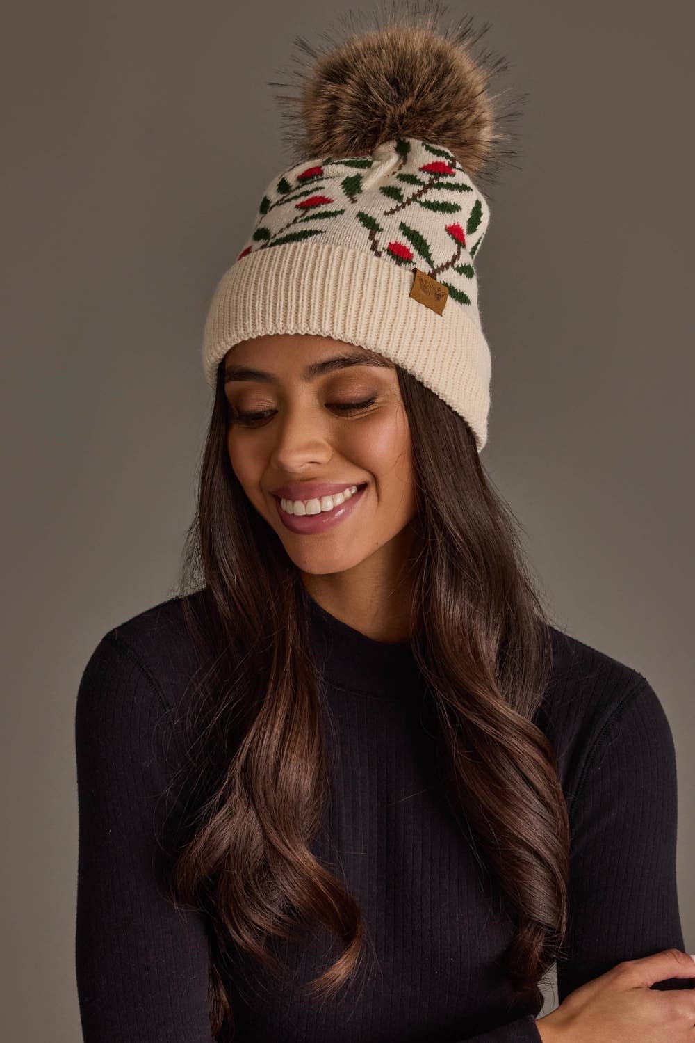 Cream Floral Pattern Knit Pom Hat