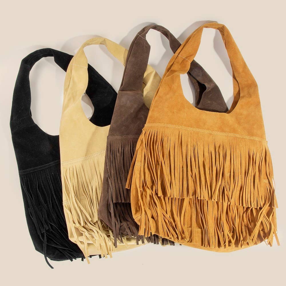 Layered Fringe Detail Suede Hobo Bag
