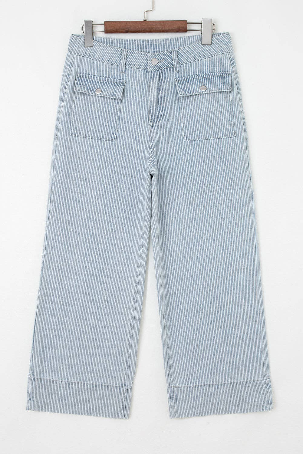 Sky Blue Stripe Cuffed Hem Wide Leg Jeans