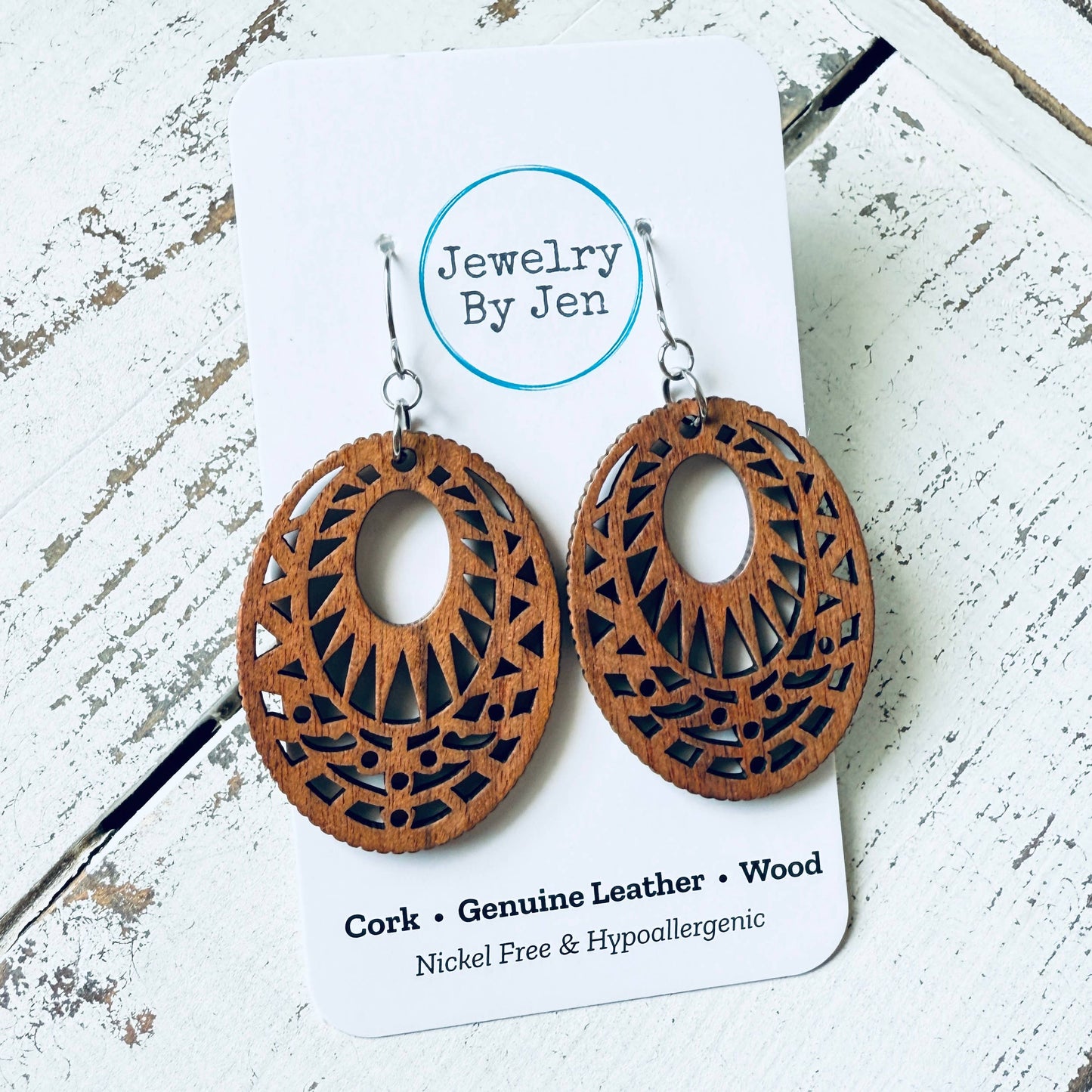 Wood Cutout Oval Earrings: Brown