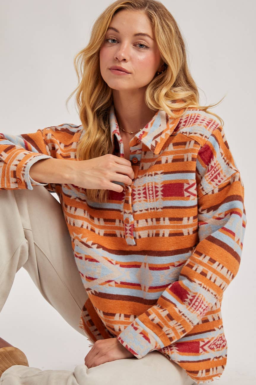 WESTERN GEOMETRIC PRINT HALF-BUTTON DOWN SHACKET PULLOVER