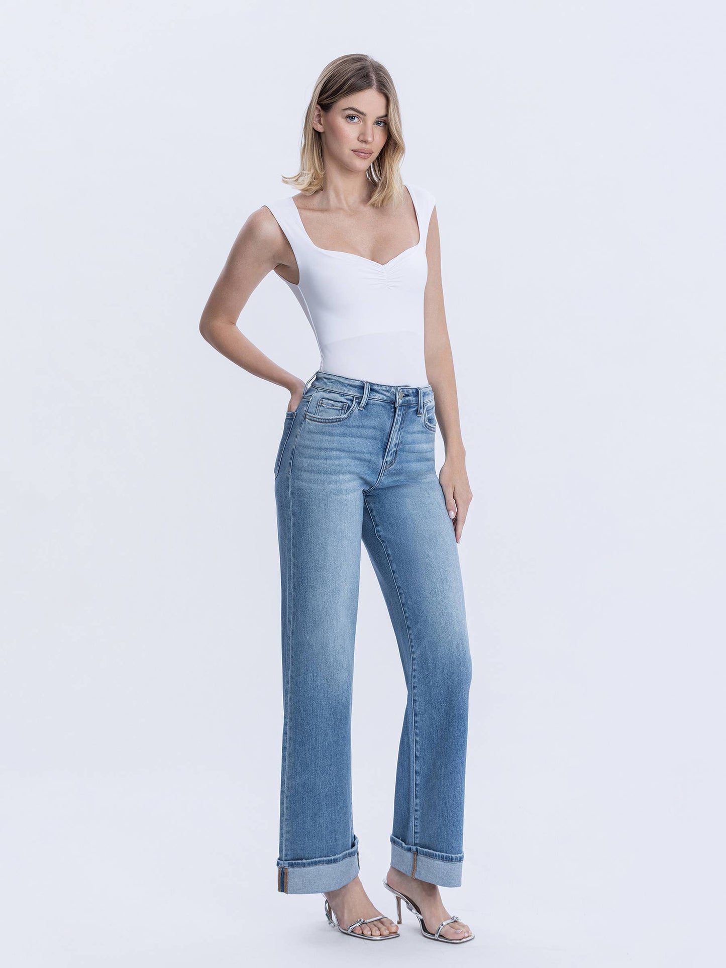 Full Length Wide Leg Cuffed Jeans