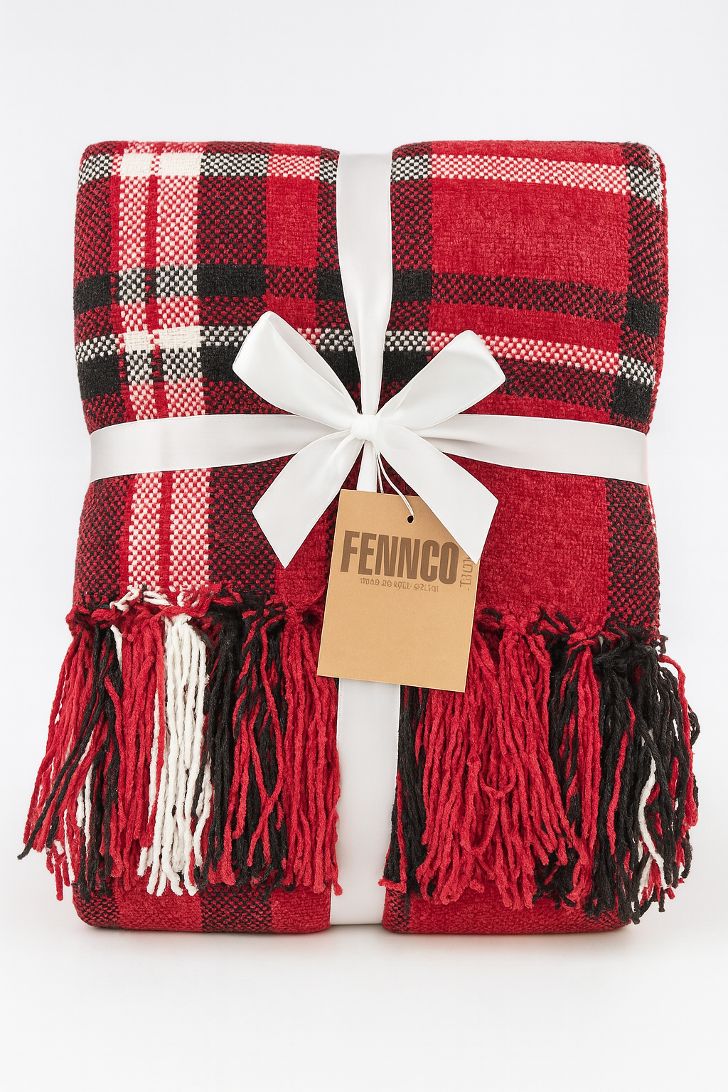 Red Chenille Woven Plaid Tassel 50"x60" Throw Blanket