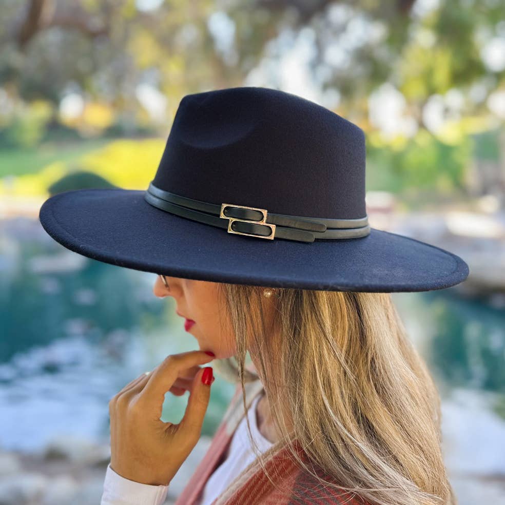 Black Fedora with Double Buckle Trim