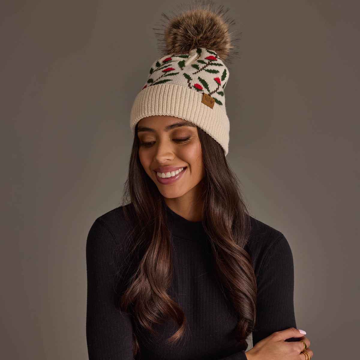 Cream Floral Pattern Knit Pom Hat