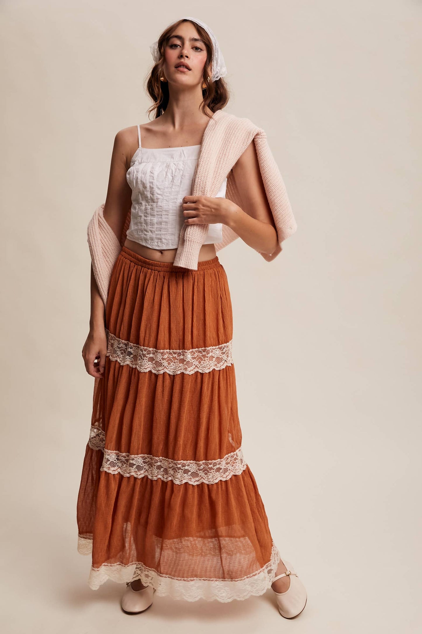 Tiered Lace-Trim Maxi Skirt