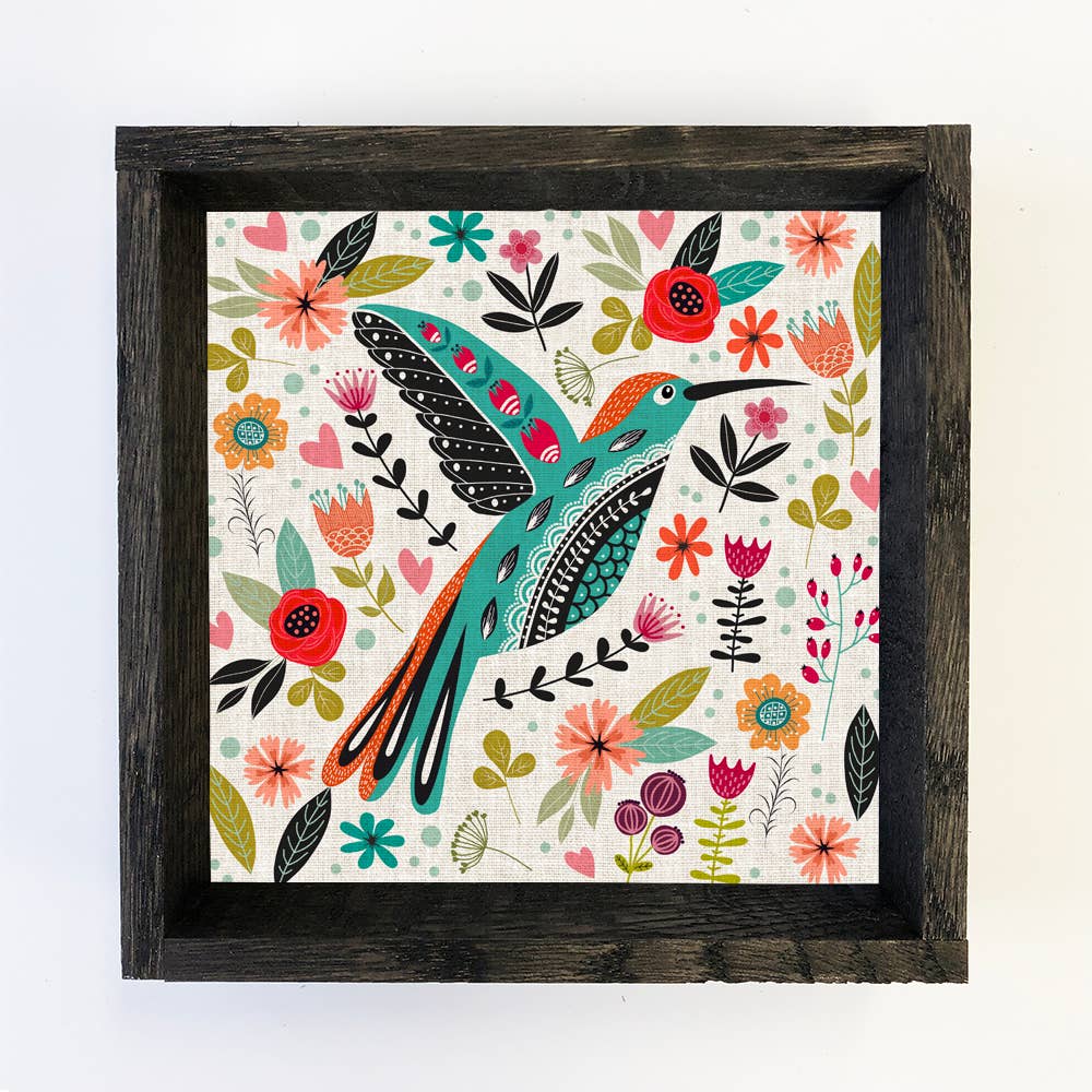 Folk Hummingbird Wood Framed Art