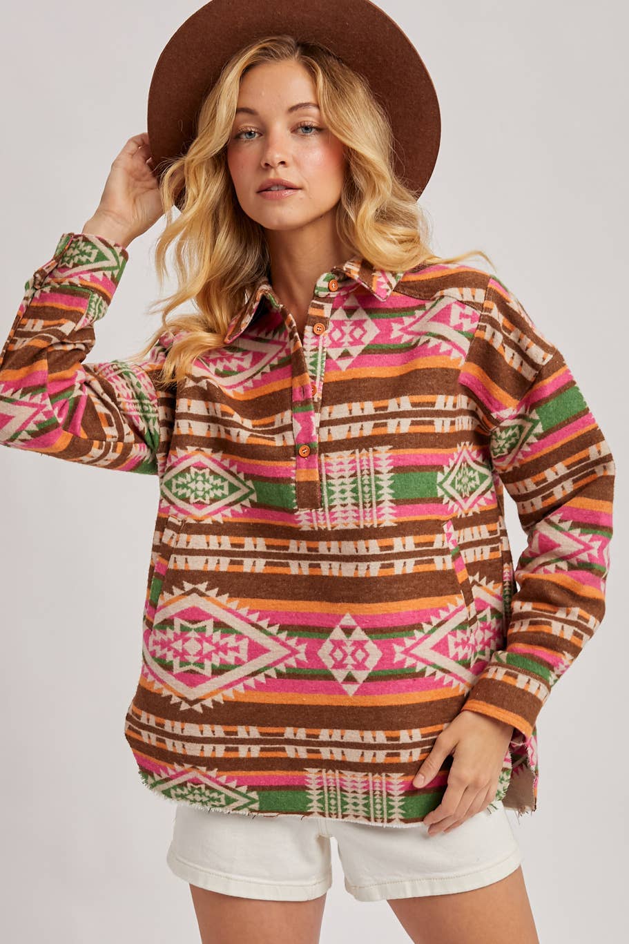 WESTERN GEOMETRIC PRINT HALF-BUTTON DOWN SHACKET PULLOVER