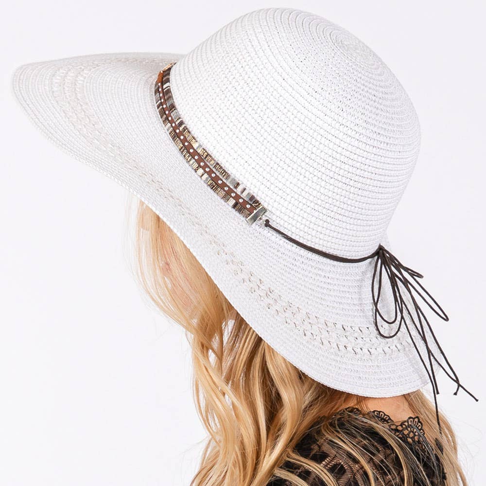 Wide Brim Straw Sun Hat with Evil Eye and Multi Design Band