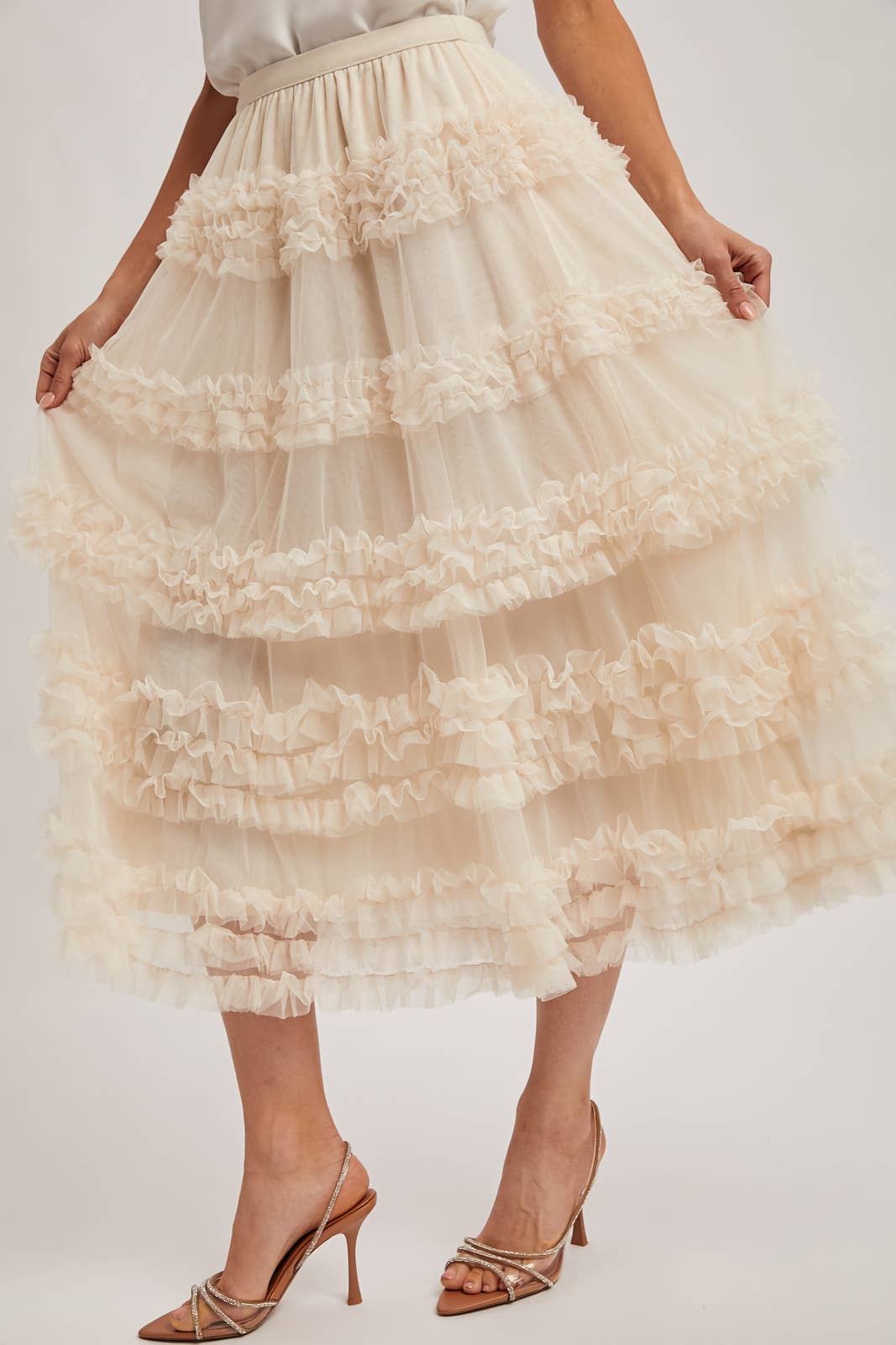 ROMANTIC RUFFLE TIERED TULLE MIDI SKIRT