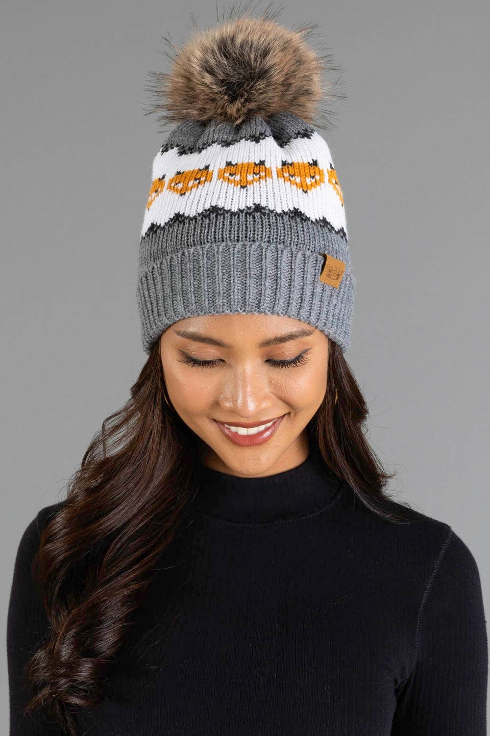 Gray with Orange Fox Pattern Knit Pom Hat