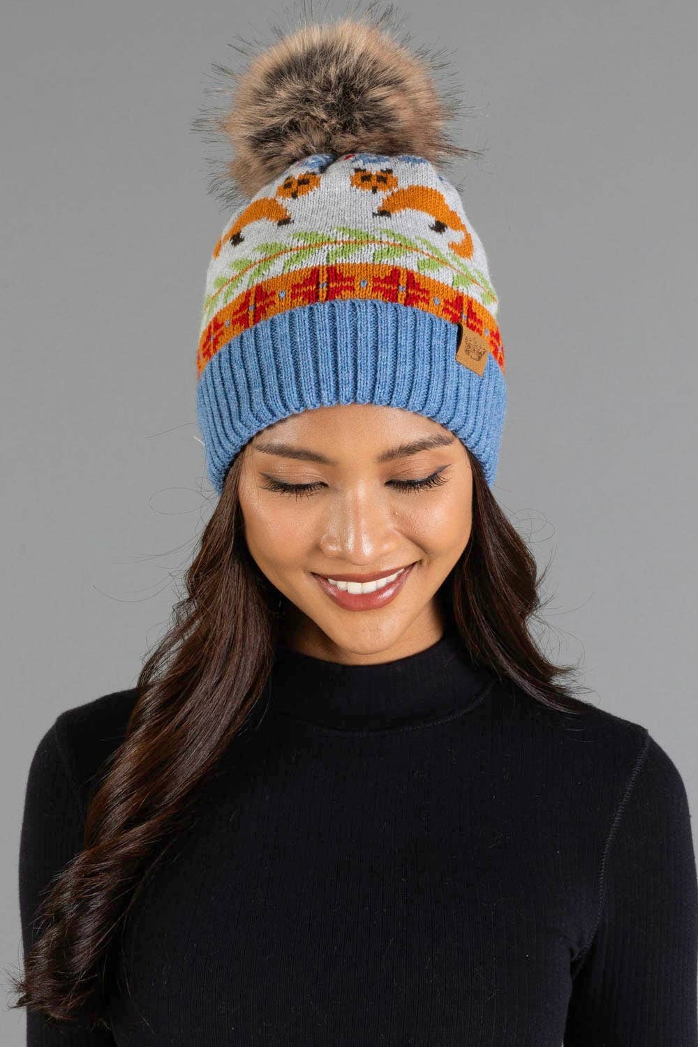 Blue Fox Pattern Knit Pom Hat