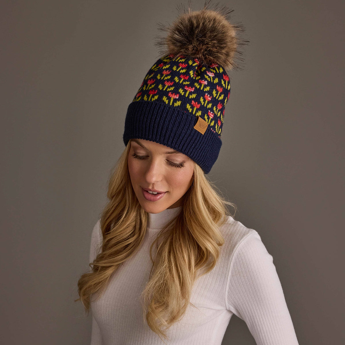 Navy Floral Pattern Knit Pom Hat