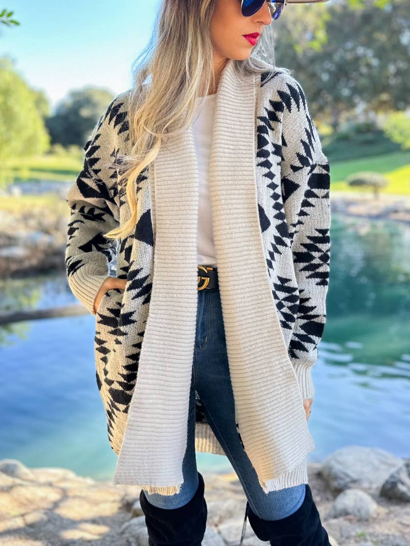 Beige Aztec Cardigan with Pockets