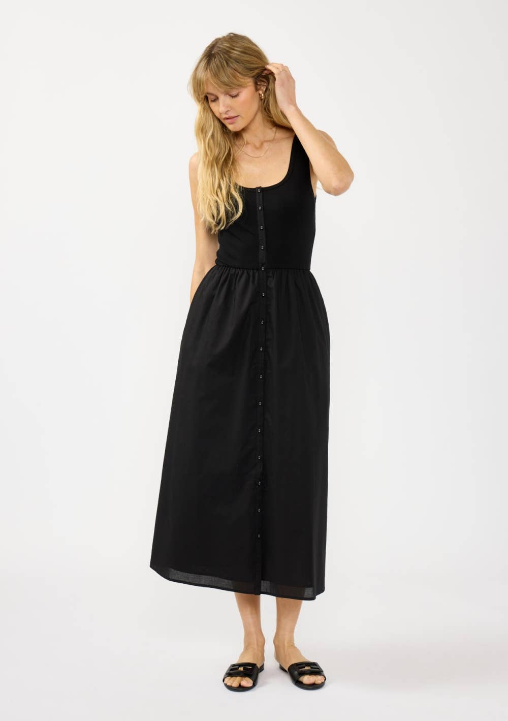 Button-Front Knit & Woven Tank Dress