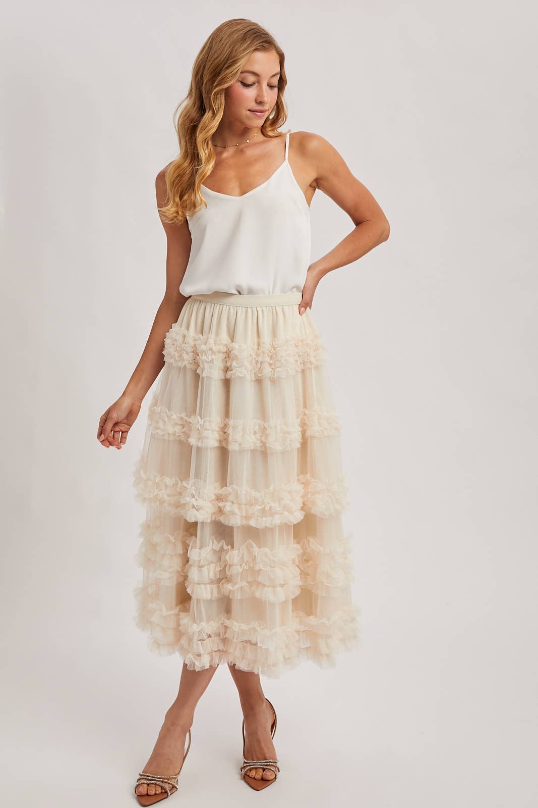 ROMANTIC RUFFLE TIERED TULLE MIDI SKIRT