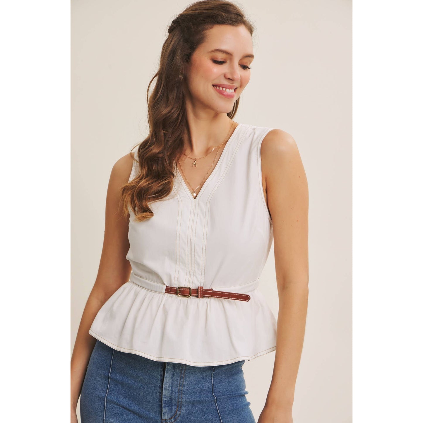 Belted Cotton Top with Contrast Stitching