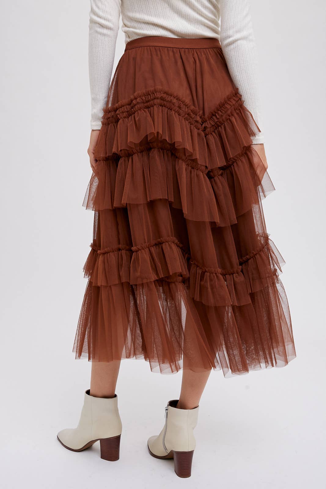 Tiered Ruffled Tulle Midi Skirt