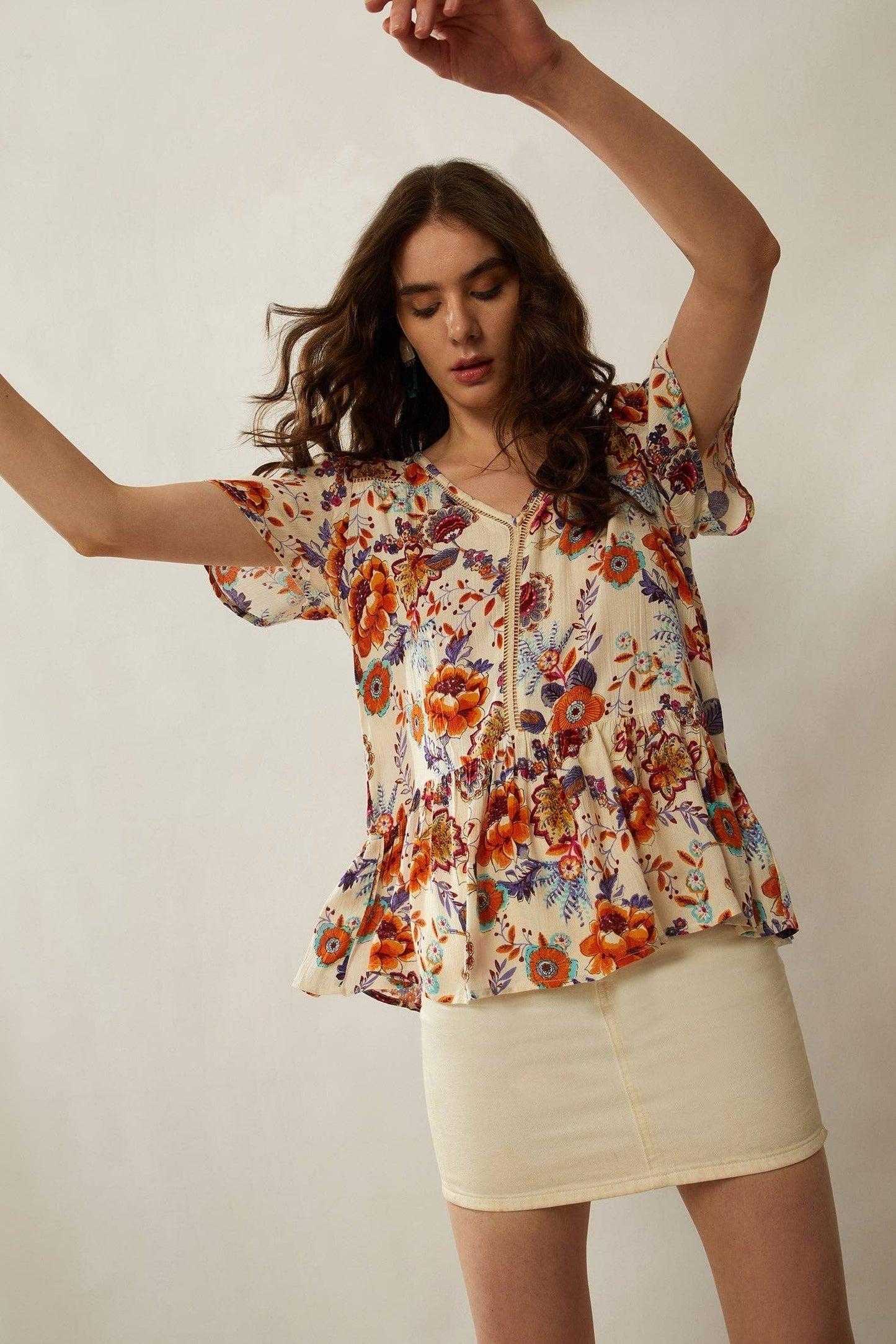 Floral Spree V-Neck Ruffled Top