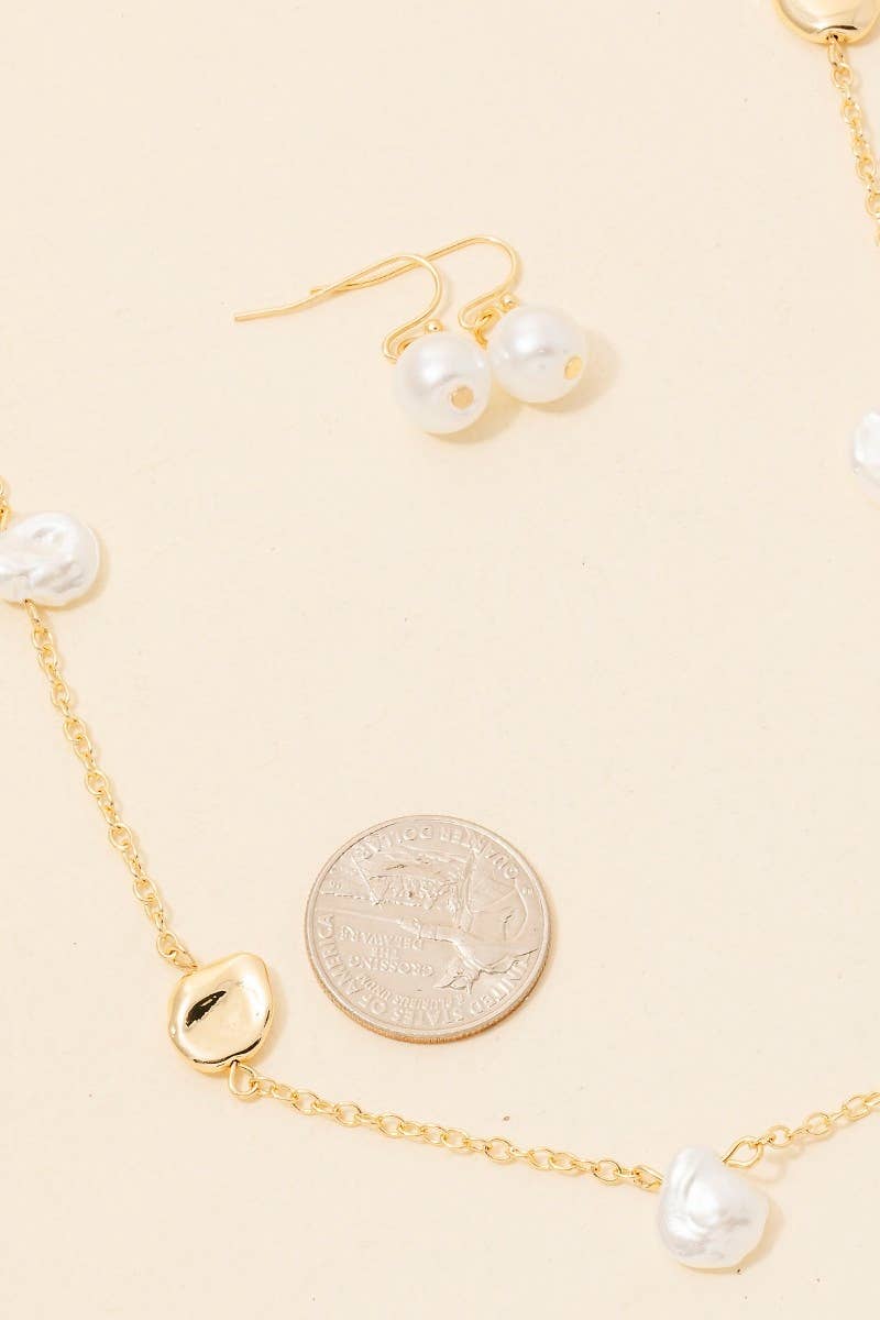 Pearl And Metallic Station Charms Chain Long Necklace Set