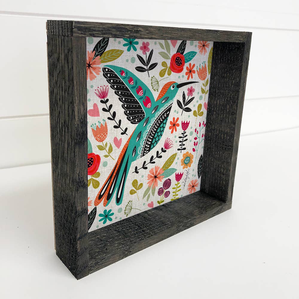 Folk Hummingbird Wood Framed Art