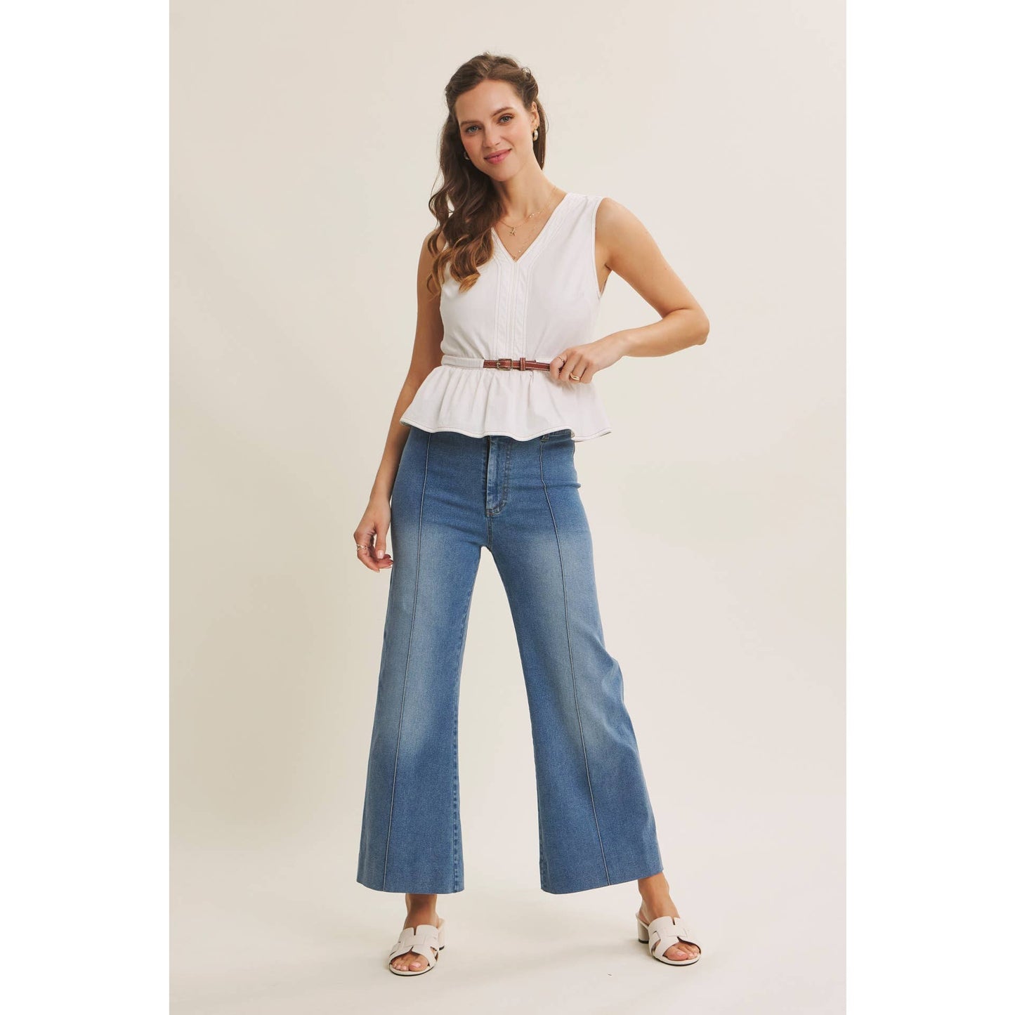 Belted Cotton Top with Contrast Stitching