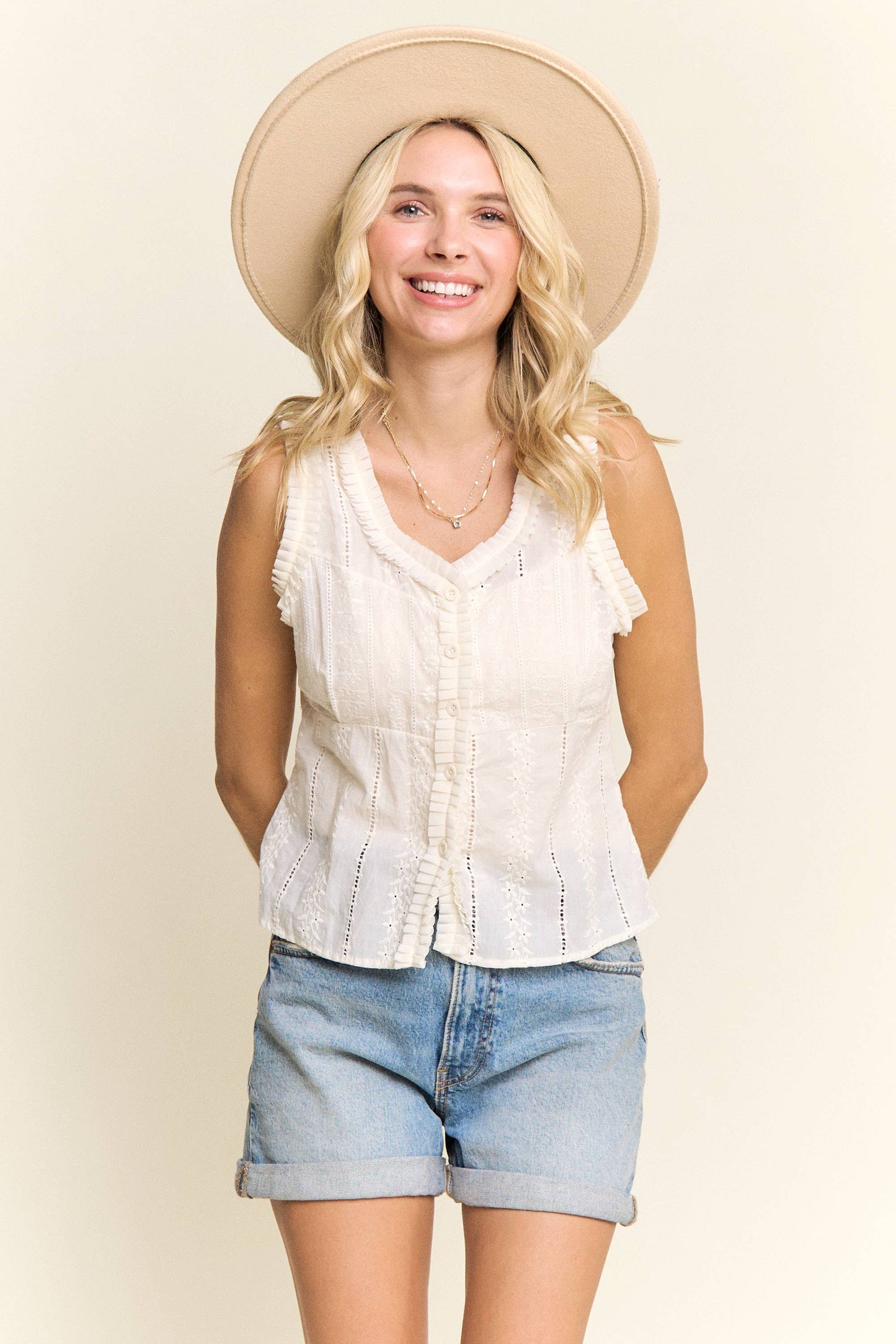 Sleeveless Ruffle Trim Blouse