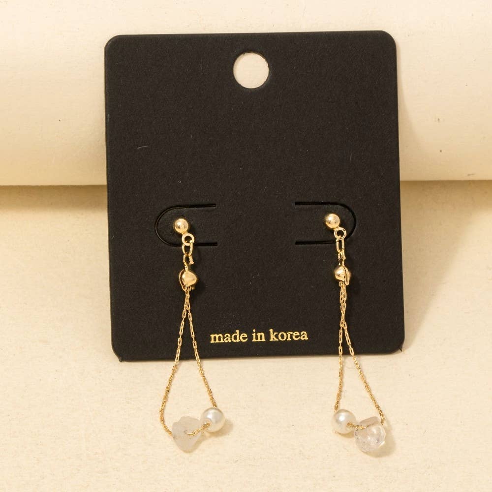 Chip Stone And Pearl Beads Chain Dangle Earrings