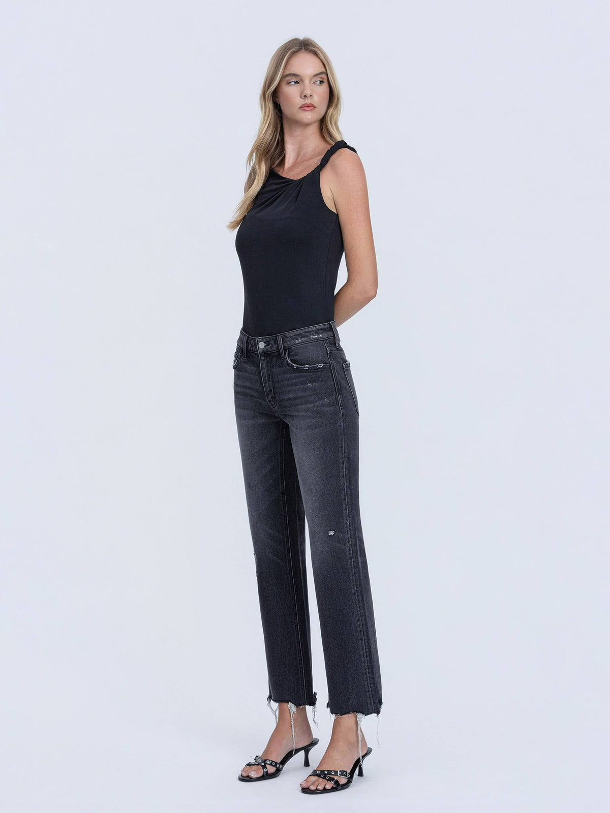 Distressed Hem Black Wide Jeans